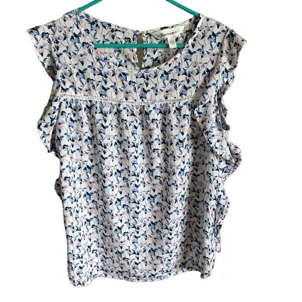 Tantrums white Blue sleeveless top blouse size Large ruffles sleeveless